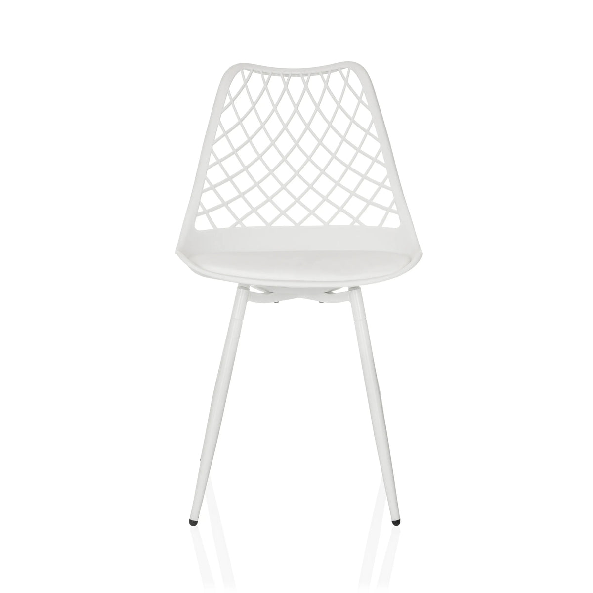 Weißer Outdoor-Stuhl BEGIO S mit gitterförmiger Rückenlehne und vier Beinen von hjh LIVING – 360-Grad-Ansicht (Frontansicht 0°)