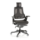 Silla de oficina profesional SPEKTRE BLACK en gris y negro con respaldo de malla y base de cinco ruedas de hjh OFFICE – vista de 360° (vista frontal 20°)