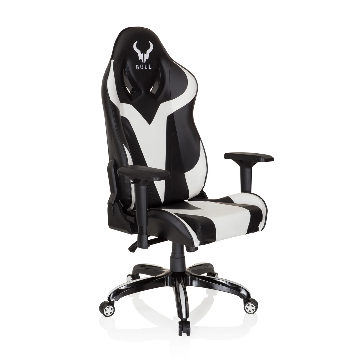 Silla gaming PROMOTER I en blanco y negro con reposabrazos y base de cinco ruedas de hjh OFFICE – vista de 360° (vista frontal en diagonal 40°)