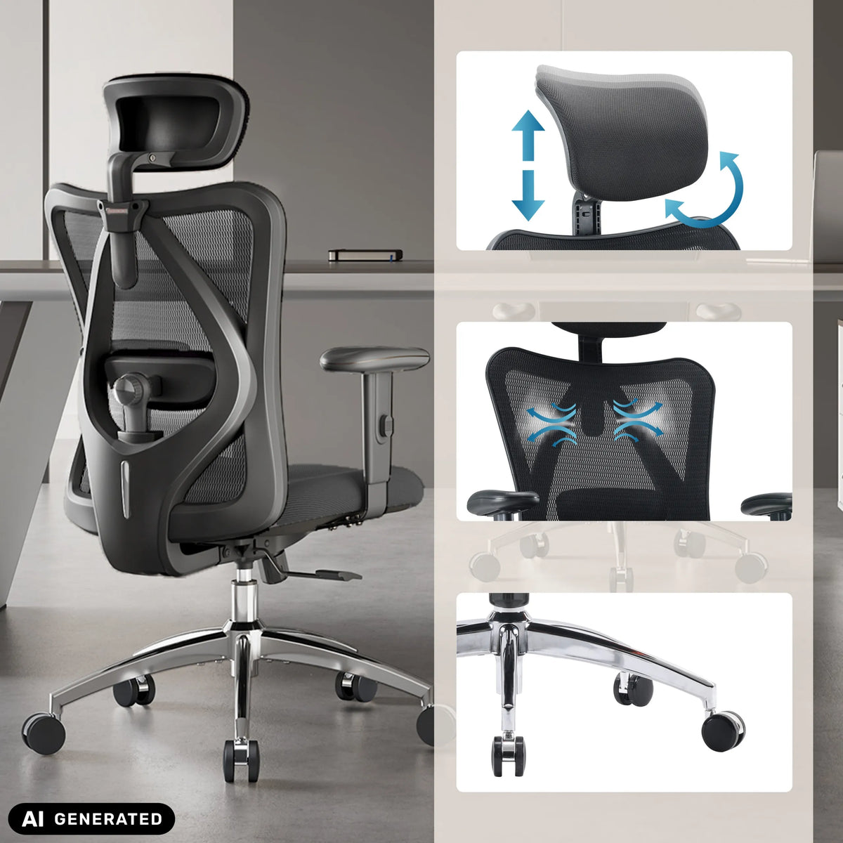 Silla de oficina profesional M18-M148 con reposacabezas ajustable y respaldo de malla en negro de Sihoo (imagen generada por IA)