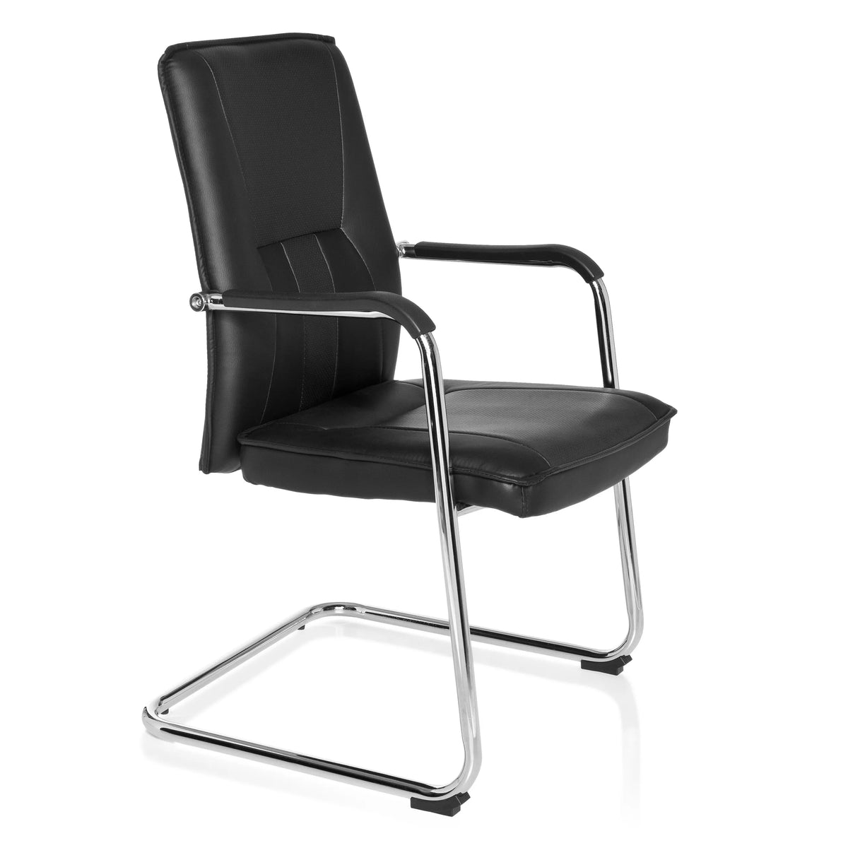 Silla viga voladiza TILA negra con reposabrazos y estructura cromada de hjh OFFICE – vista de 360° (vista frontal en diagonal 60°)