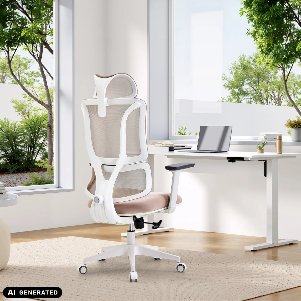 Silla de oficina profesional ERGOMY W en beige con estructura blanca y respaldo de malla en un escritorio de MyBuero (imagen generada por IA)