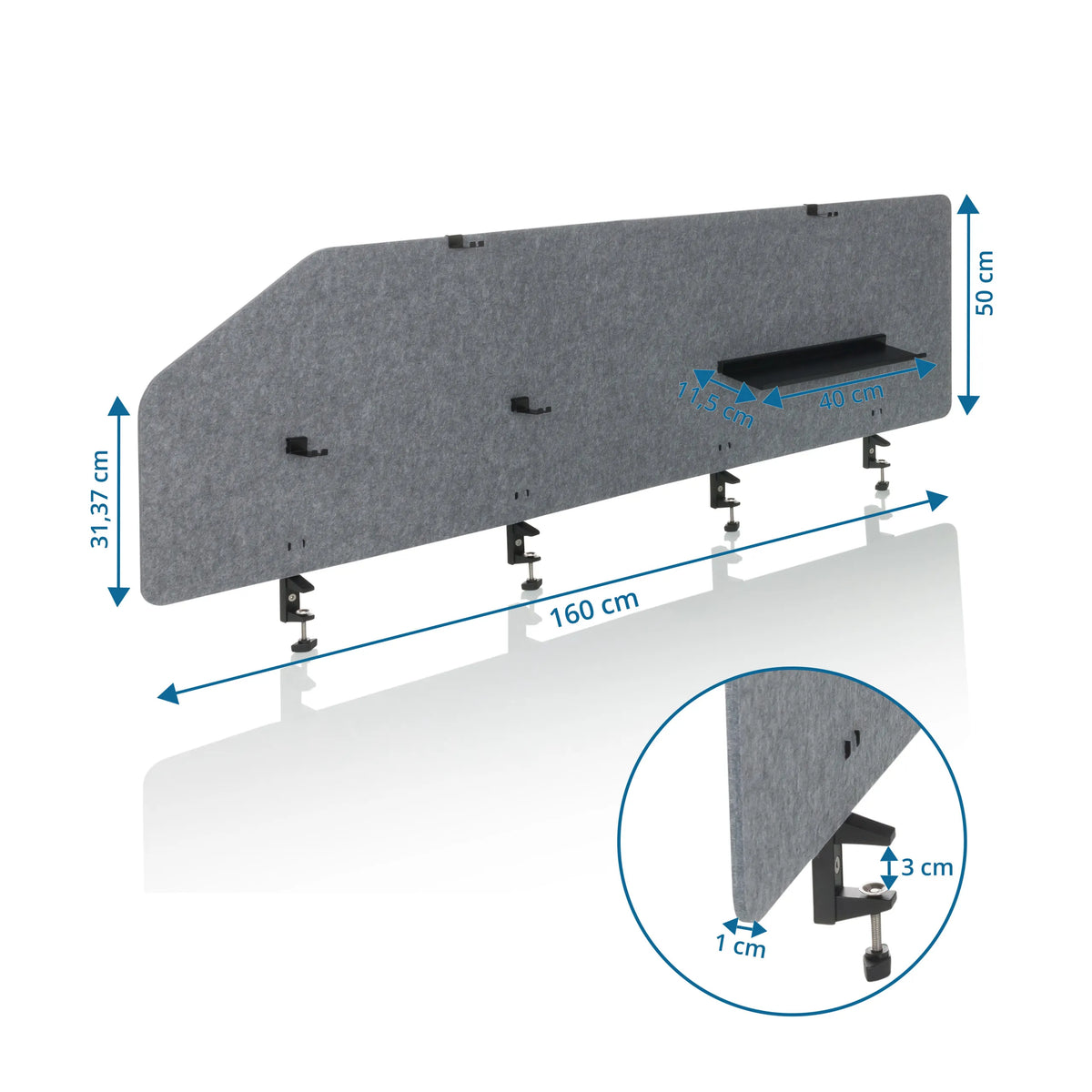 Dibujo dimensional del separador de mesa FLEXMIUT T TOP con 160 cm de ancho y 50 cm de alto de hjh OFFICE