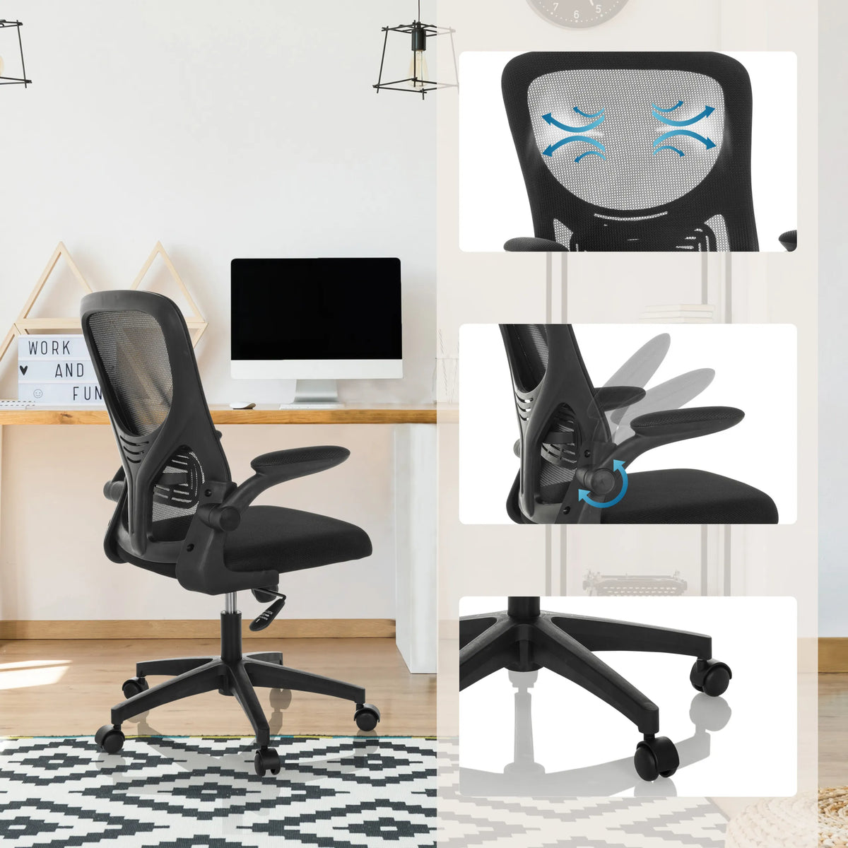 Silla Home Office BELIO en negro con respaldo de malla, mecanismo de ajuste y base con ruedas de hjh OFFICE