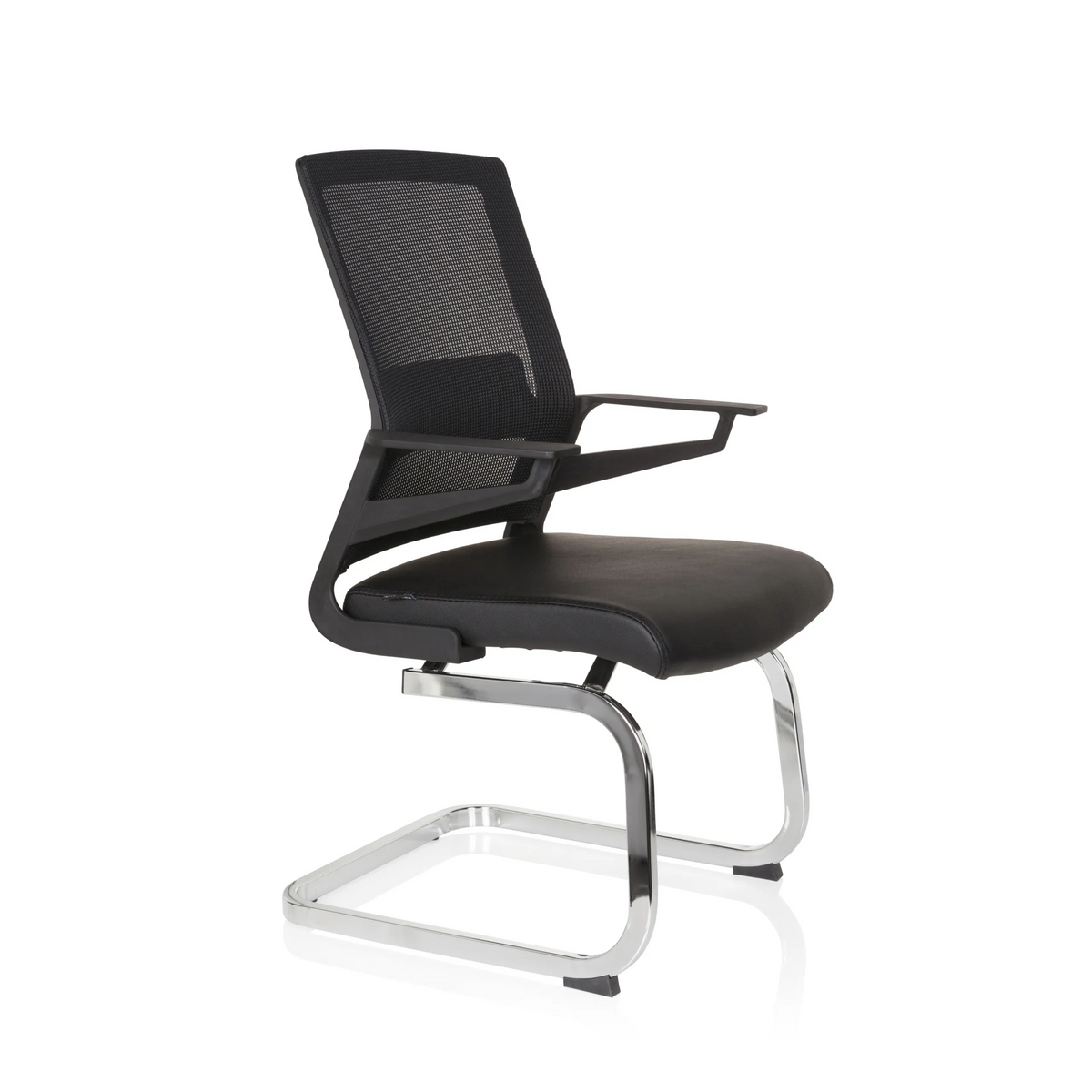 Silla de viga voladiza INVENTOR V PRO negra con respaldo de malla, reposabrazos y base de patines de hjh OFFICE – vista de 360° (vista frontal en diagonal 60°)