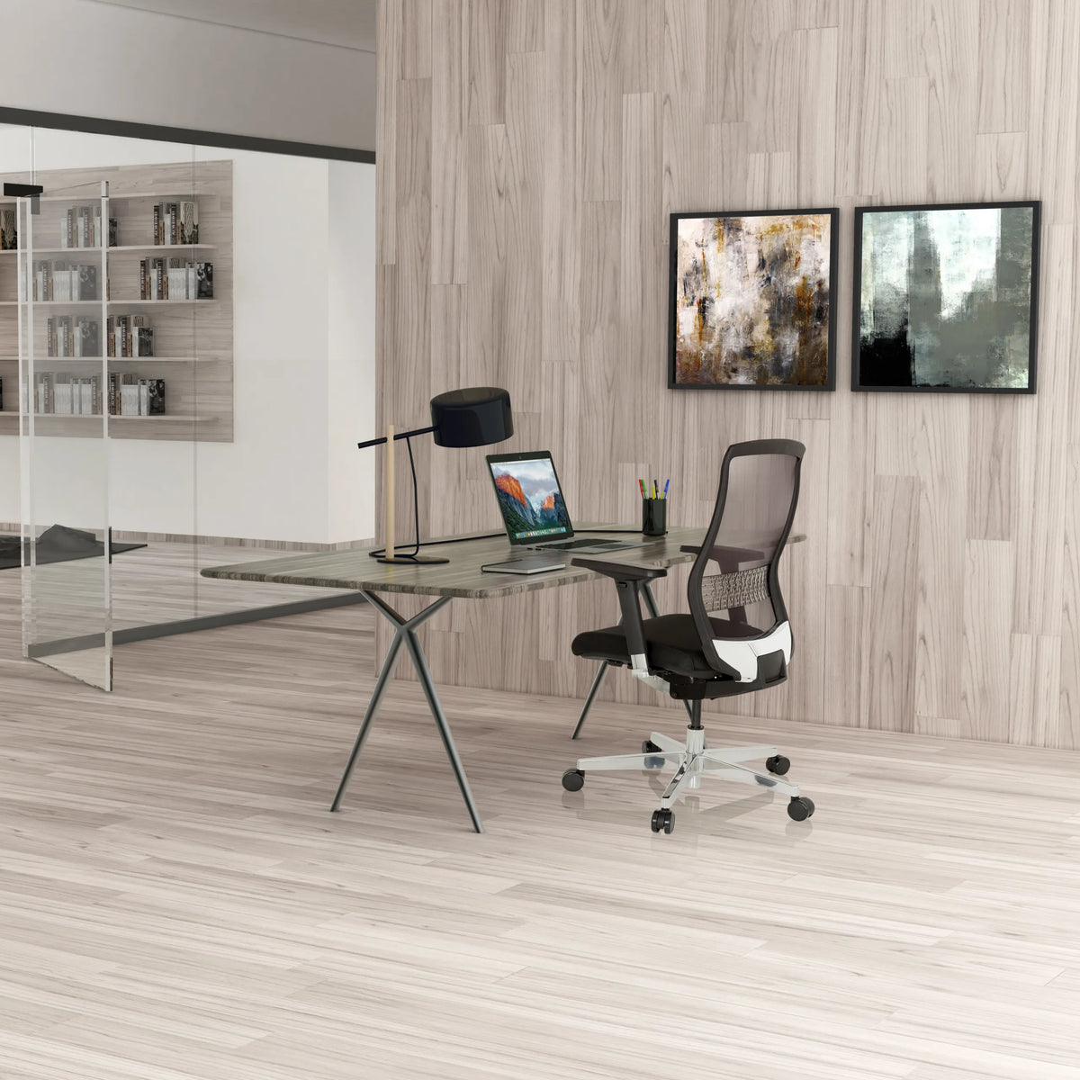 Silla alta gama FOUNTAINE en negro con respaldo de malla y ruedas de hjh OFFICE