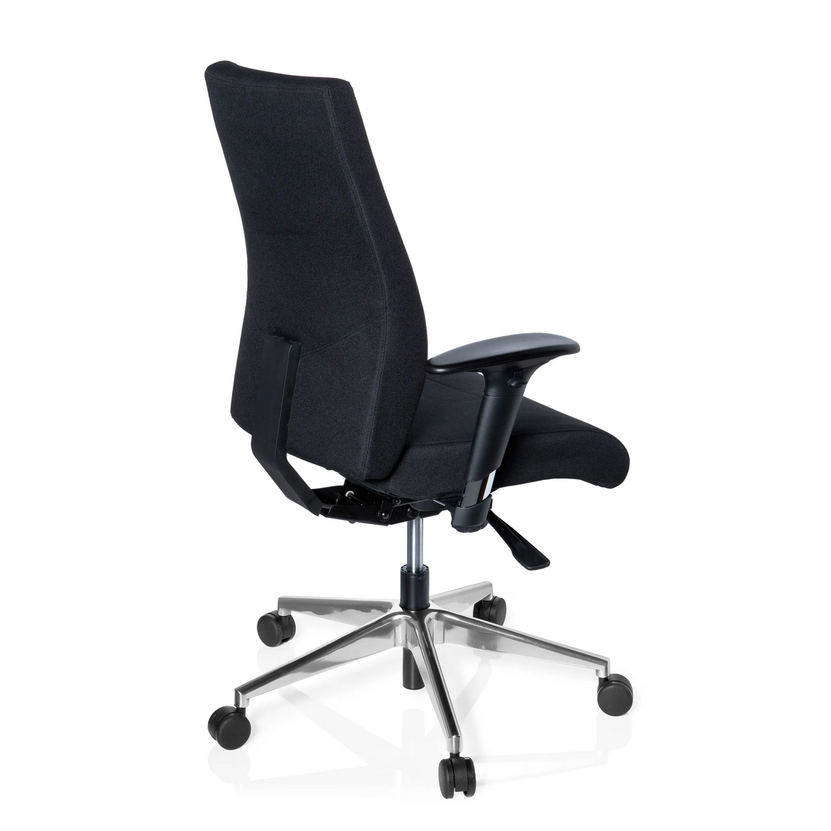 Silla de oficina profesional PRO-TEC 250 negra con reposabrazos y base de cinco ruedas de hjh OFFICE – vista de 360° (vista trasera en diagonal 120°)