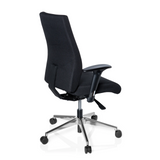 Silla de oficina profesional PRO-TEC 250 negra con reposabrazos y base de cinco ruedas de hjh OFFICE – vista de 360° (vista trasera en diagonal 120°)