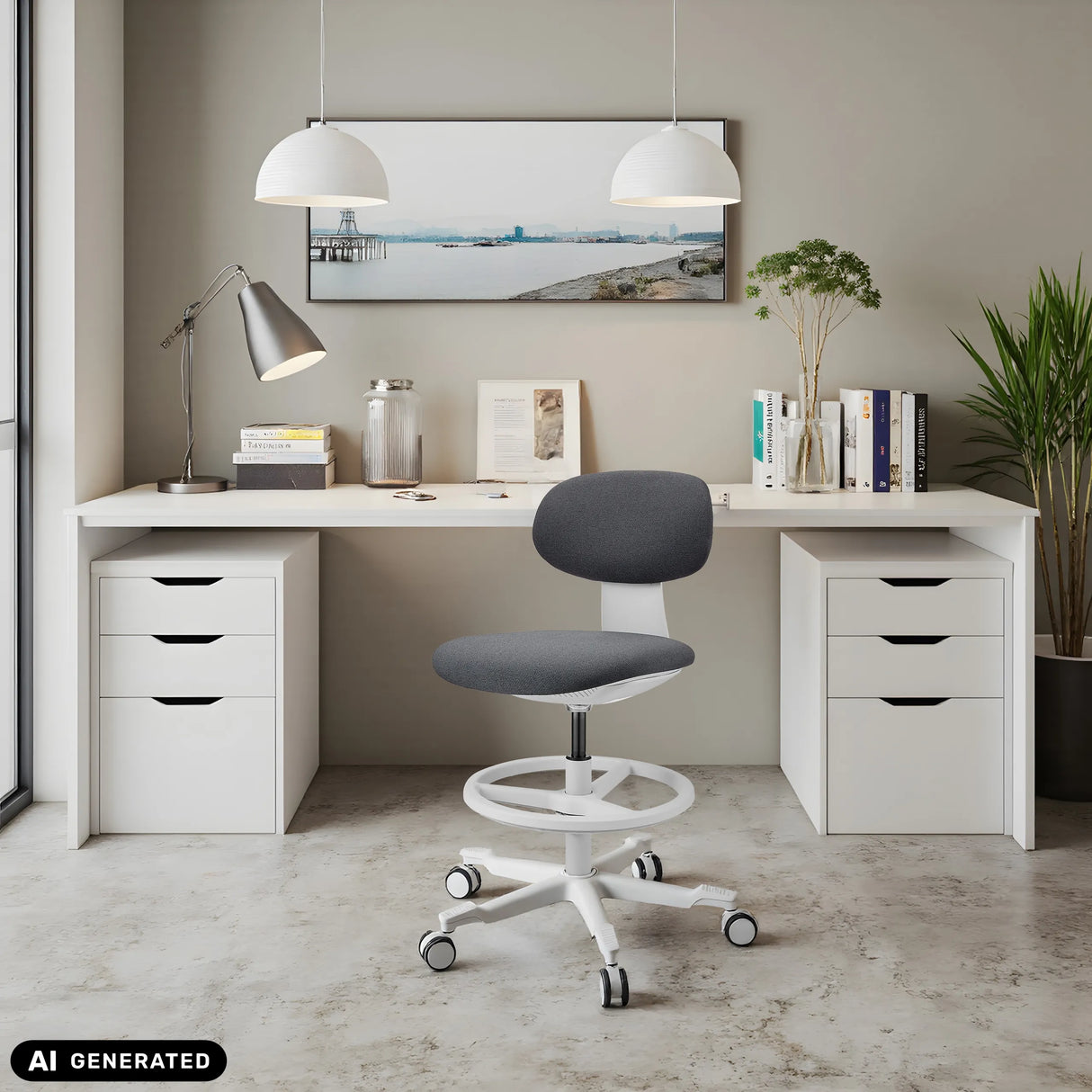 Silla de trabajo WORK MF2 W en gris oscuro delante de un escritorio blanco de hjh OFFICE (imagen generada por IA)