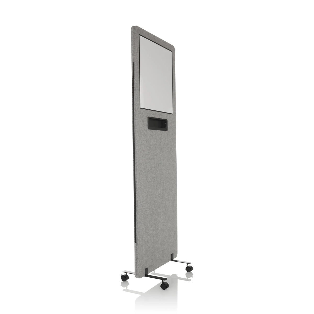 Hellgraue Trennwand FLEXMIUT WB mit integriertem Whiteboard und Rollen von hjh OFFICE – 360-Grad-Ansicht (schräge Frontansicht 60°)