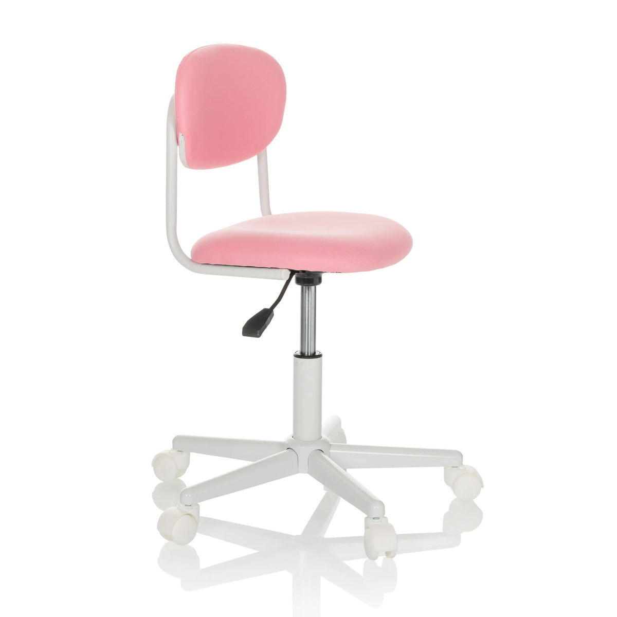 Silla giratoria para niños KIDDY BASE I en color rosa con base de estrella y cinco ruedas de hjh OFFICE – vista de 360° (vista frontal en diagonal 60°)