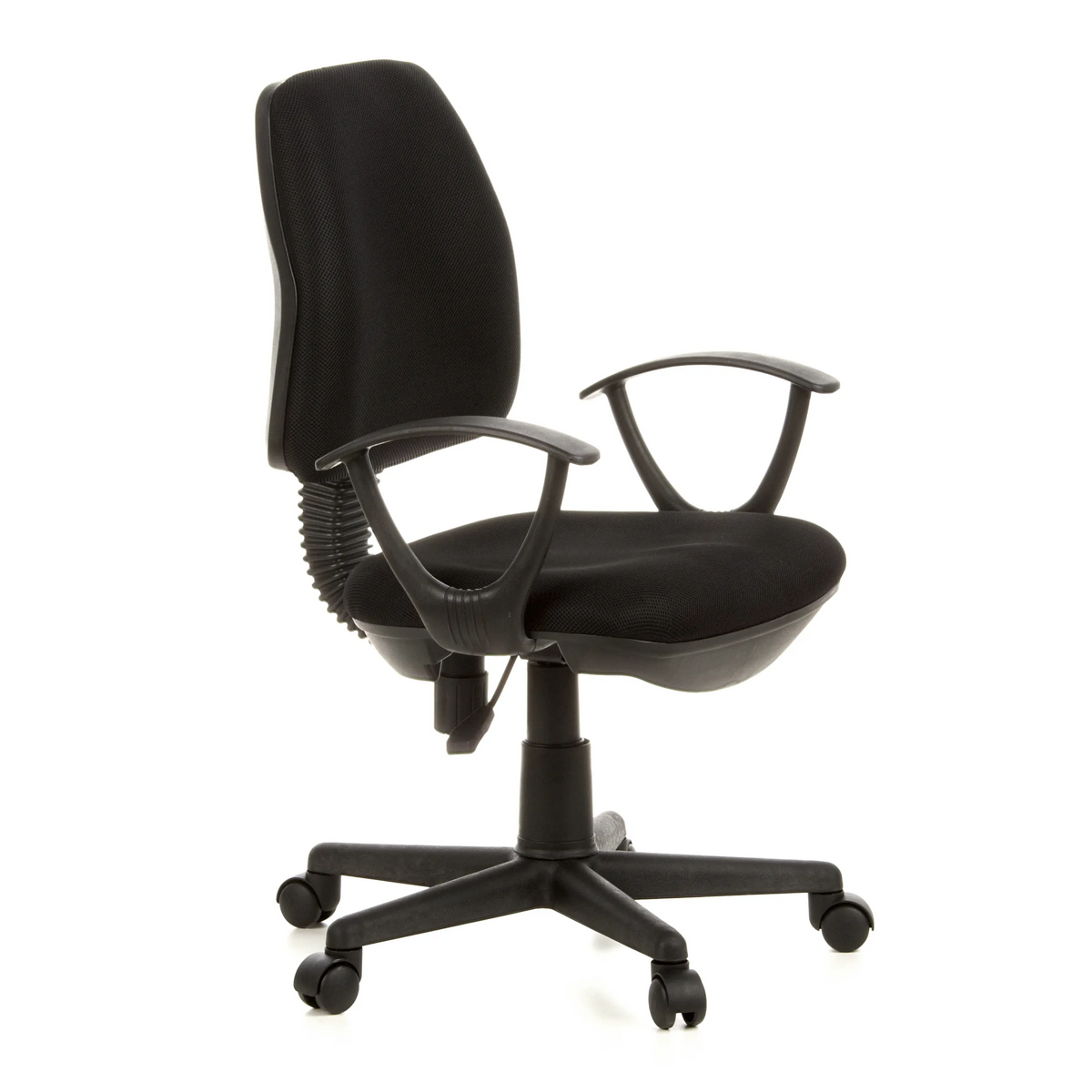 Silla Home Office CITY 10 negra con respaldo de malla, reposabrazos y base de cinco ruedas de hjh OFFICE – vista de 360° (vista frontal en diagonal 60°)