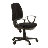 Silla Home Office CITY 10 negra con respaldo de malla, reposabrazos y base de cinco ruedas de hjh OFFICE – vista de 360° (vista frontal en diagonal 60°)