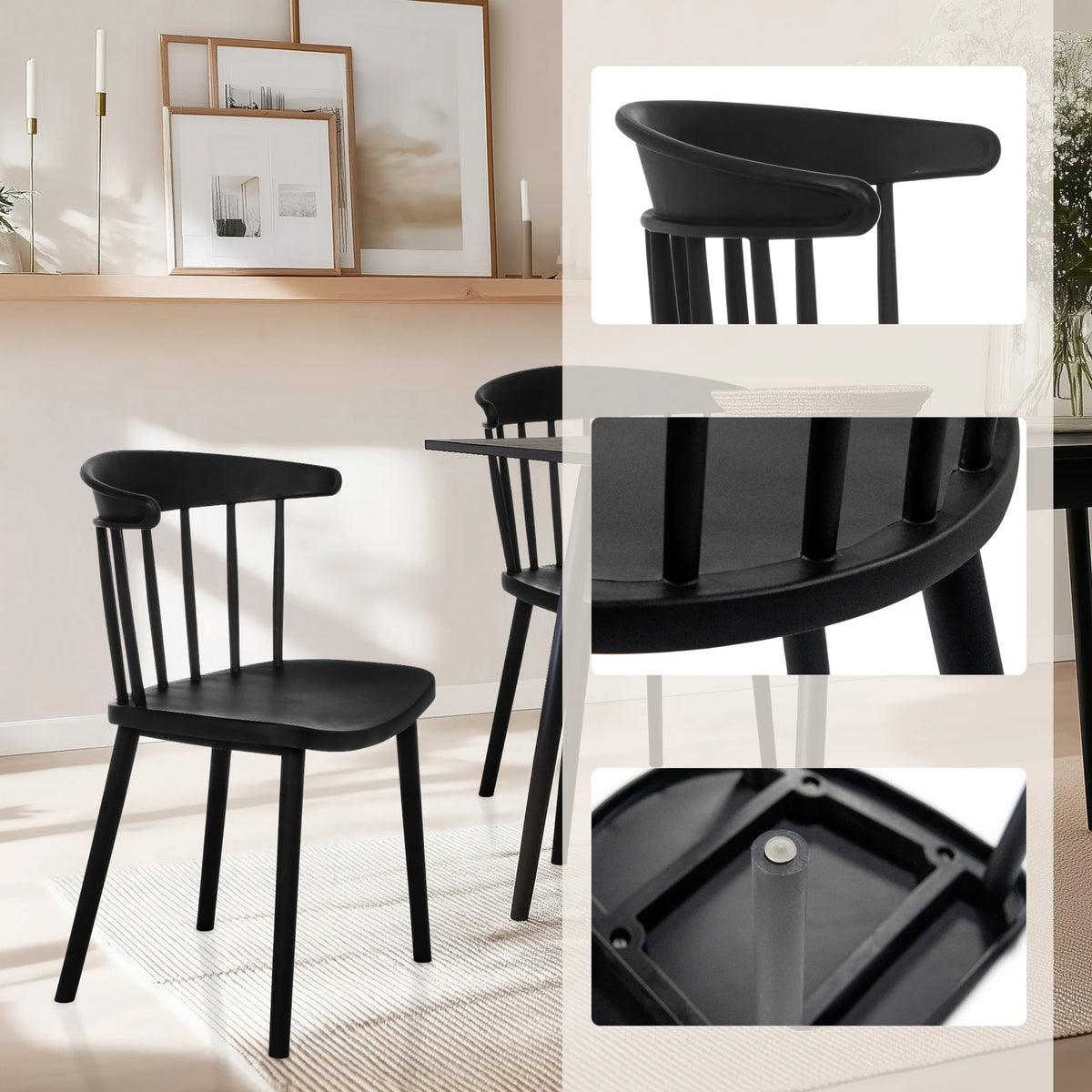 Silla de comedor negra ARTIFO RIB con respaldo, reposabrazos y protectores de suelo de hjh LIVING