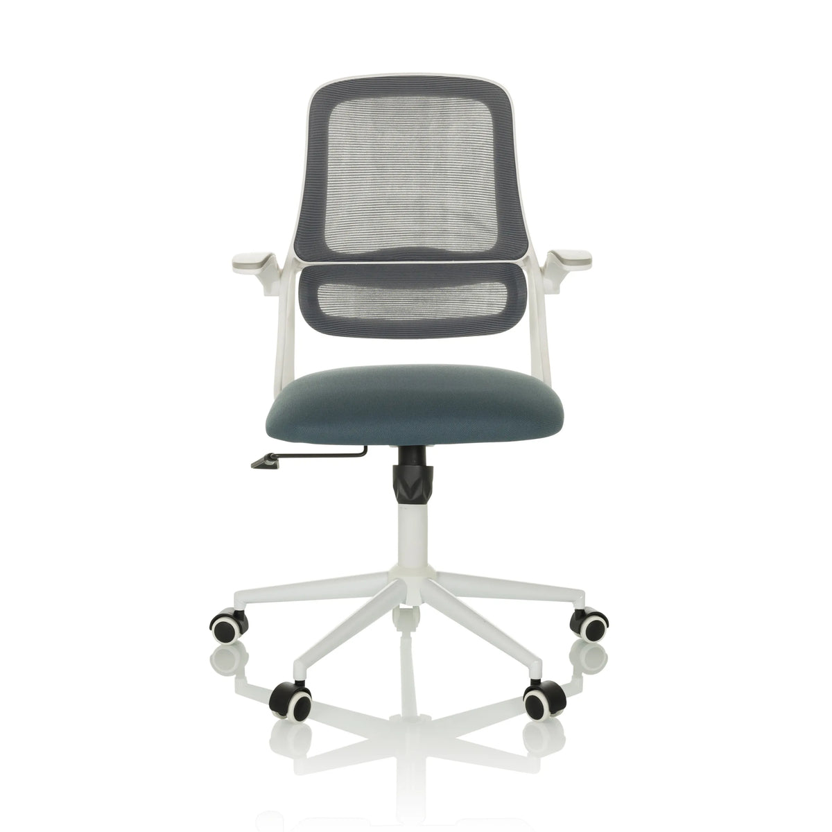 Silla Home Office MIKO W ECO gris con respaldo de malla y base blanca de cinco ruedas de hjh OFFICE – vista de 360° (vista frontal 0°)