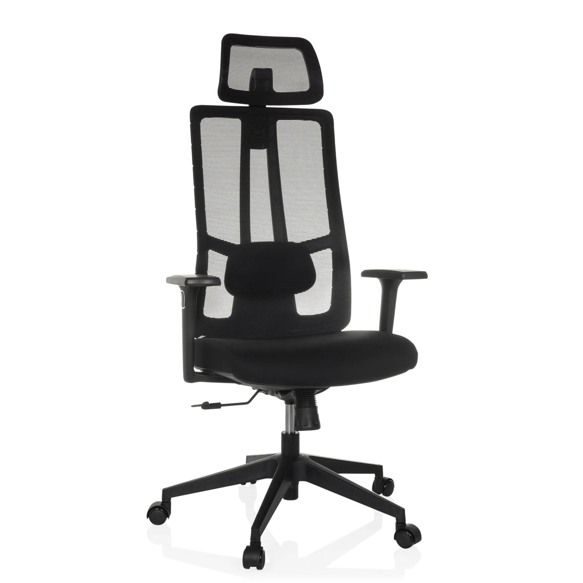 Silla de oficina profesional TRAMORE negra con respaldo de malla y base de cinco ruedas de hjh OFFICE – vista de 360° (vista frontal 15°)