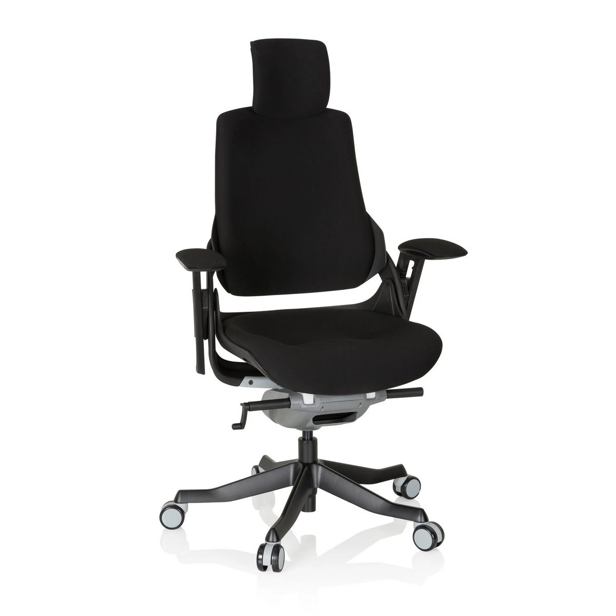 Silla de oficina profesional SPEKTRE BLACK negra con reposacabezas, reposabrazos y base de cinco ruedas de hjh OFFICE – vista de 360° (vista frontal 20°)