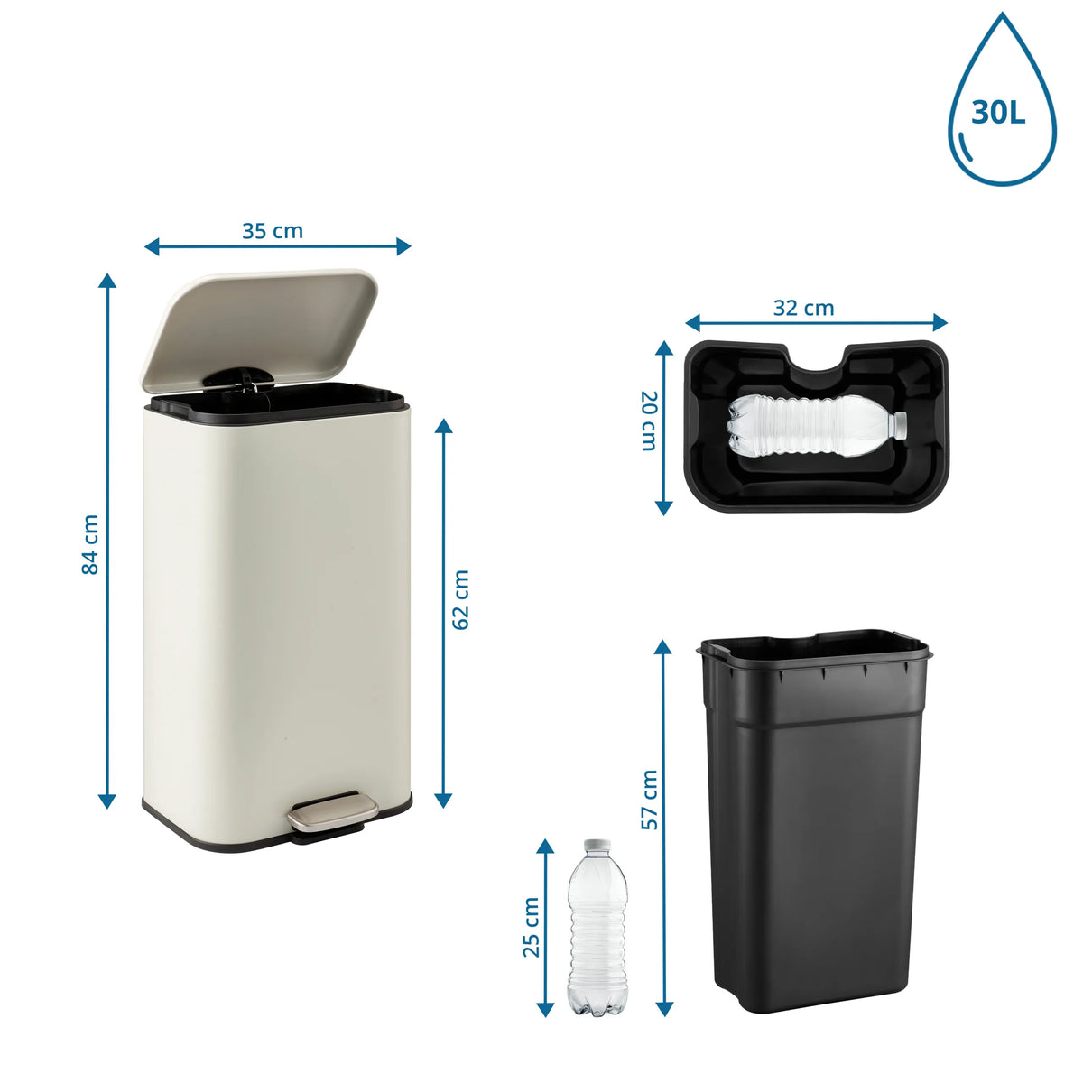 Dibujo dimensional de la Papelera Clean 1 con 84 x 35 cm y capacidad de 30 l de hjh OFFICE