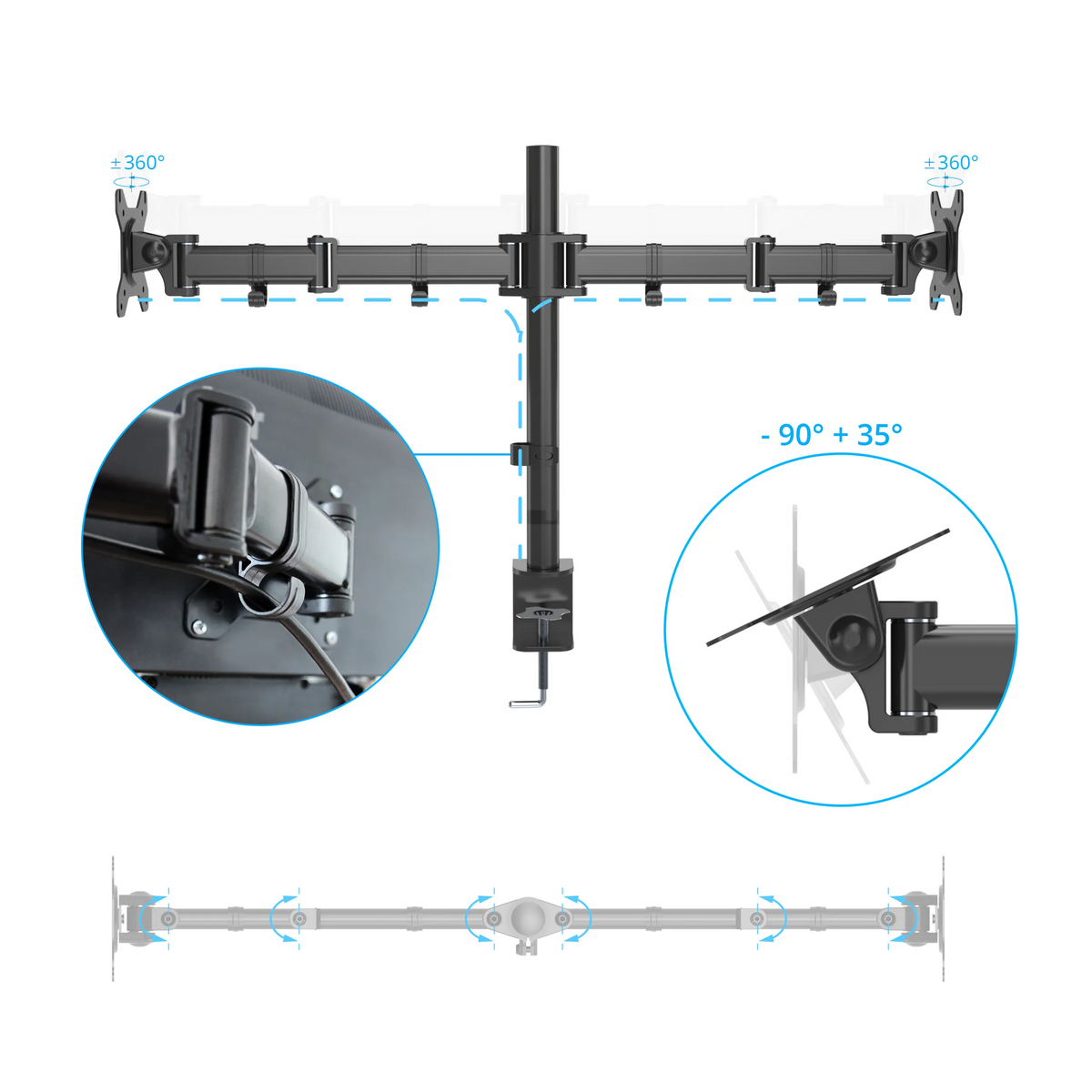 Opciones de ajuste del soporte de monitor VM-MF2 con rotación de 360° e inclinación de -90° a +35° de hjh OFFICE