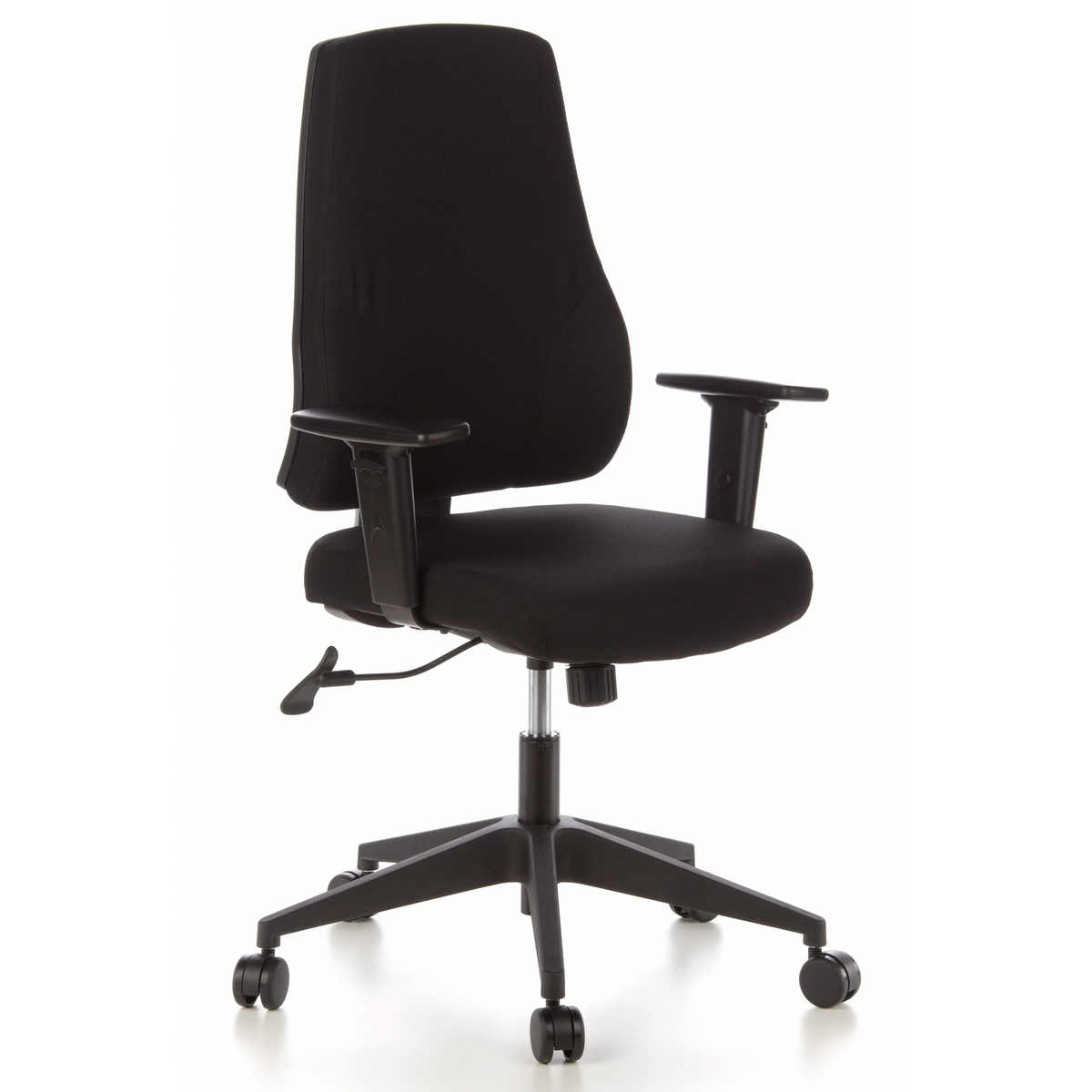 Schwarzer Profi-Bürostuhl PRO-TEC 100 mit Armlehnen und Fußkreuz mit fünf Rollen von hjh OFFICE – 360-Grad-Ansicht (schräge Frontansicht 40°)