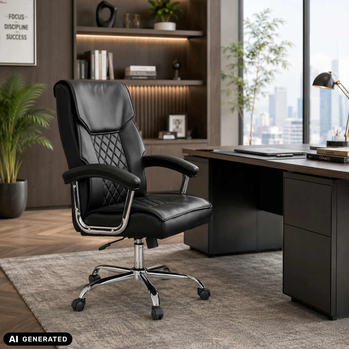 Silla Home Office Relax Prestio negra con patrón acolchado y base cromada en una oficina de MyBuero
