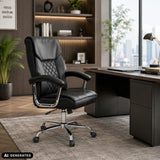 Silla Home Office Relax Prestio negra con patrón acolchado y base cromada en una oficina de MyBuero
