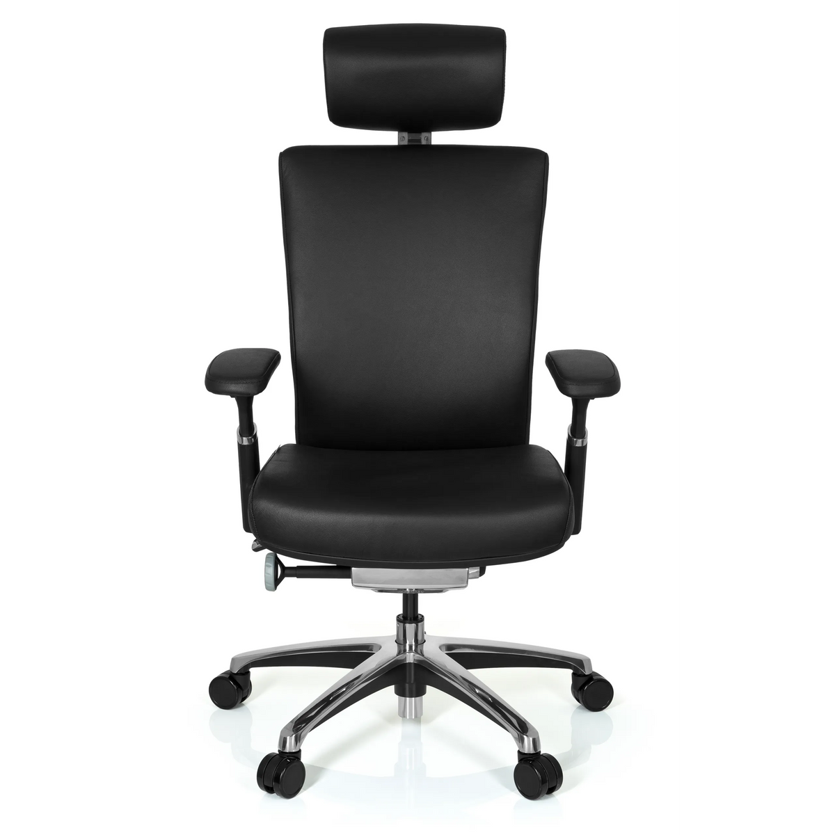 Silla de oficina profesional NOVA negra de cuero con reposacabezas y base de cinco ruedas de hjh OFFICE – vista de 360° (vista frontal 0°)