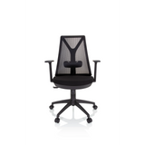 Silla Home Office FALUN BASIC negra con respaldo de malla y base de cinco ruedas de hjh OFFICE – vista de 360° (vista frontal 0°)