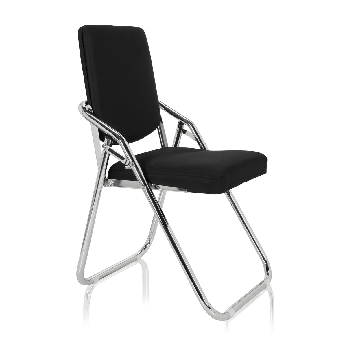 Silla plegable ESTO negra con funda de tela y estructura cromada de hjh OFFICE – vista de 360° (vista frontal en diagonal 60°)