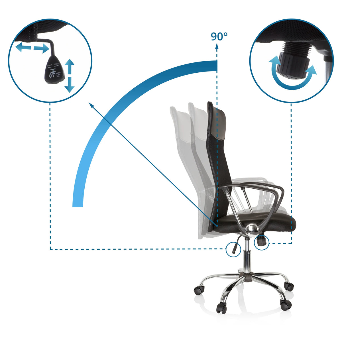 Mecanismo de ajuste del respaldo con ángulo de inclinación de 90° en el Sillón de oficina Home Office ARIA HIGH de hjh OFFICE