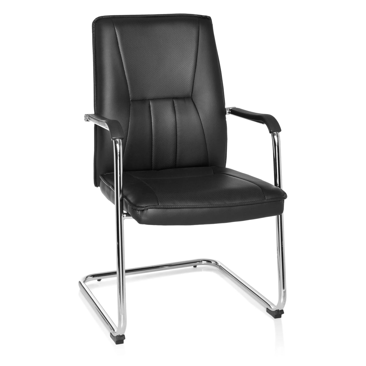 Silla viga voladiza TILA negra con reposabrazos y estructura cromada de hjh OFFICE – vista de 360° (vista frontal 20°)