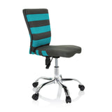 Silla giratoria para niños KIDDY COMFORT I gris con rayas turquesas en el respaldo de malla y base de cinco ruedas de hjh OFFICE – vista de 360° (vista frontal en diagonal 60°)