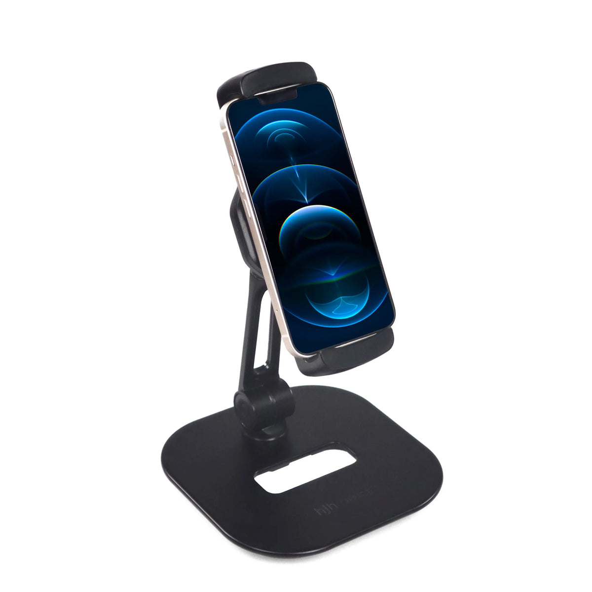 Soporte para teléfono móvil y tableta FLEXMOBI IV negro con base y pinza de hjh OFFICE – vista de 360° (vista frontal en diagonal 60°)