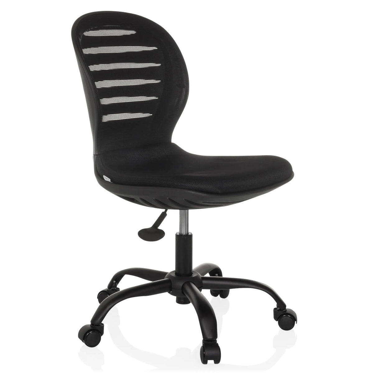 Silla Home Office CASLA negra con respaldo de malla y base de cinco ruedas de hjh OFFICE – vista de 360° (vista frontal en diagonal 45°)