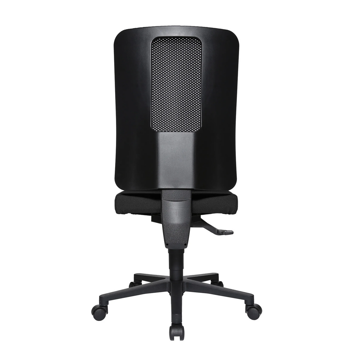 Silla de oficina profesional HJH WORK BASIC negra con respaldo de malla y base de cinco ruedas de Topstar – vista de 360° (vista trasera en diagonal 240°)