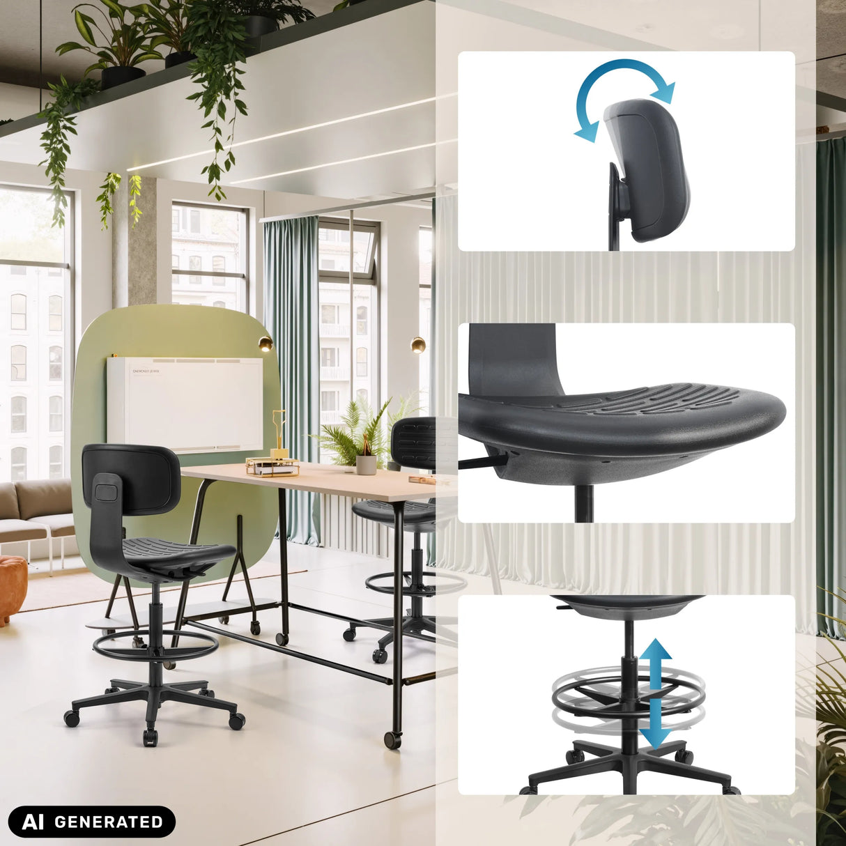 Silla de mostrador TOP WORK B negra con reposapiés y ajuste de altura de hjh OFFICE (imagen generada por IA)