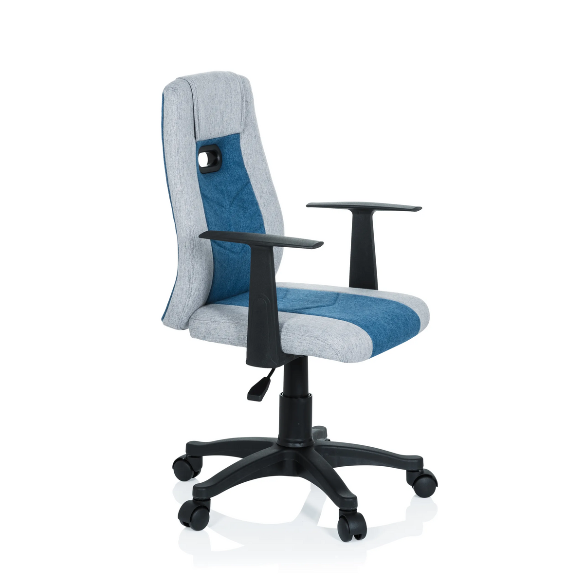 Silla giratoria para niños KIDDY EXTRA en color gris azulado con reposabrazos y base de cinco ruedas de hjh OFFICE – vista de 360° (vista frontal en diagonal 60°)