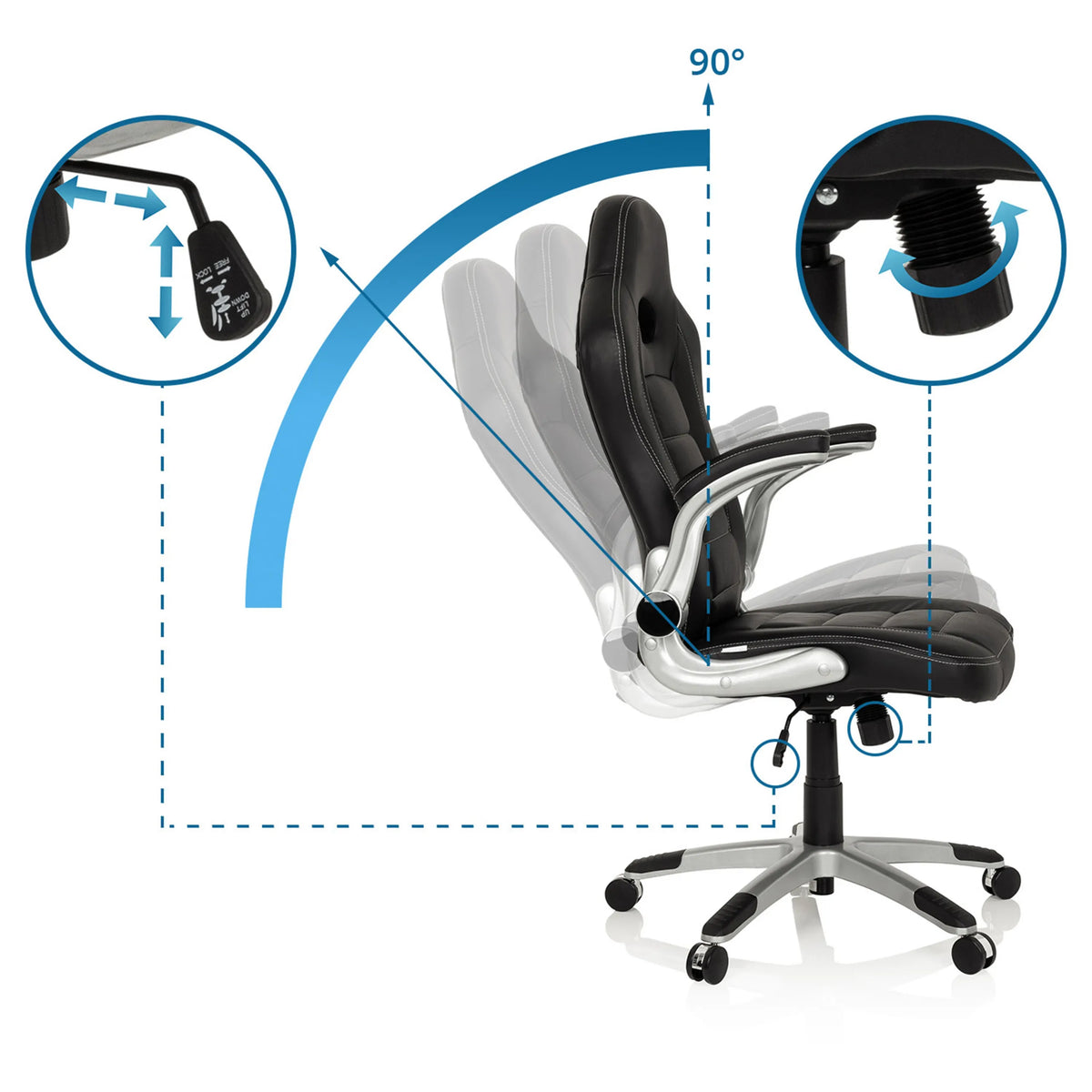 Respaldo ajustable hasta 90 grados y palanca de mando de la Silla gaming GAME SPORT de hjh OFFICE