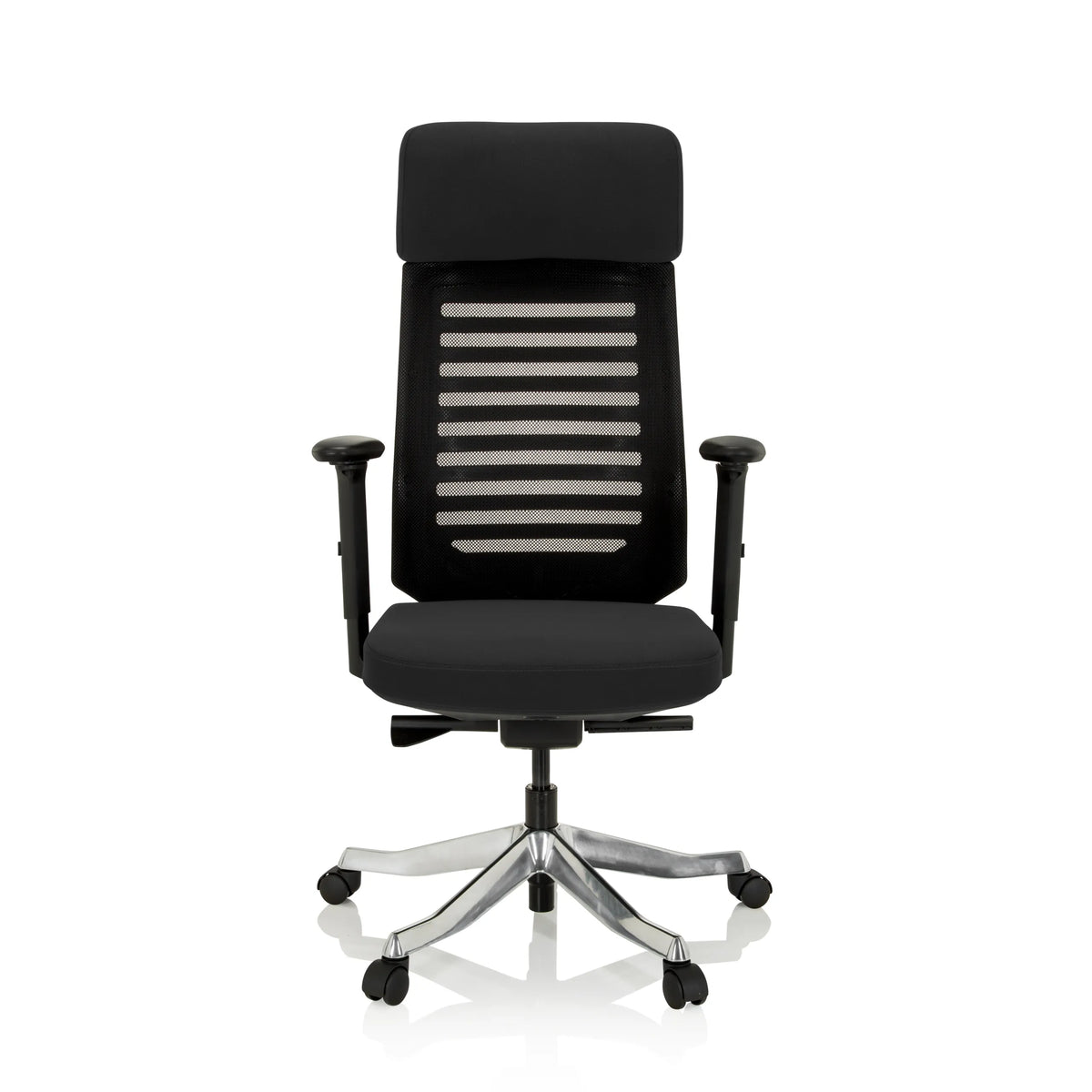 Silla de oficina profesional ASGON negra con respaldo de malla y base de cinco ruedas de hjh OFFICE – vista de 360° (vista frontal 0°)