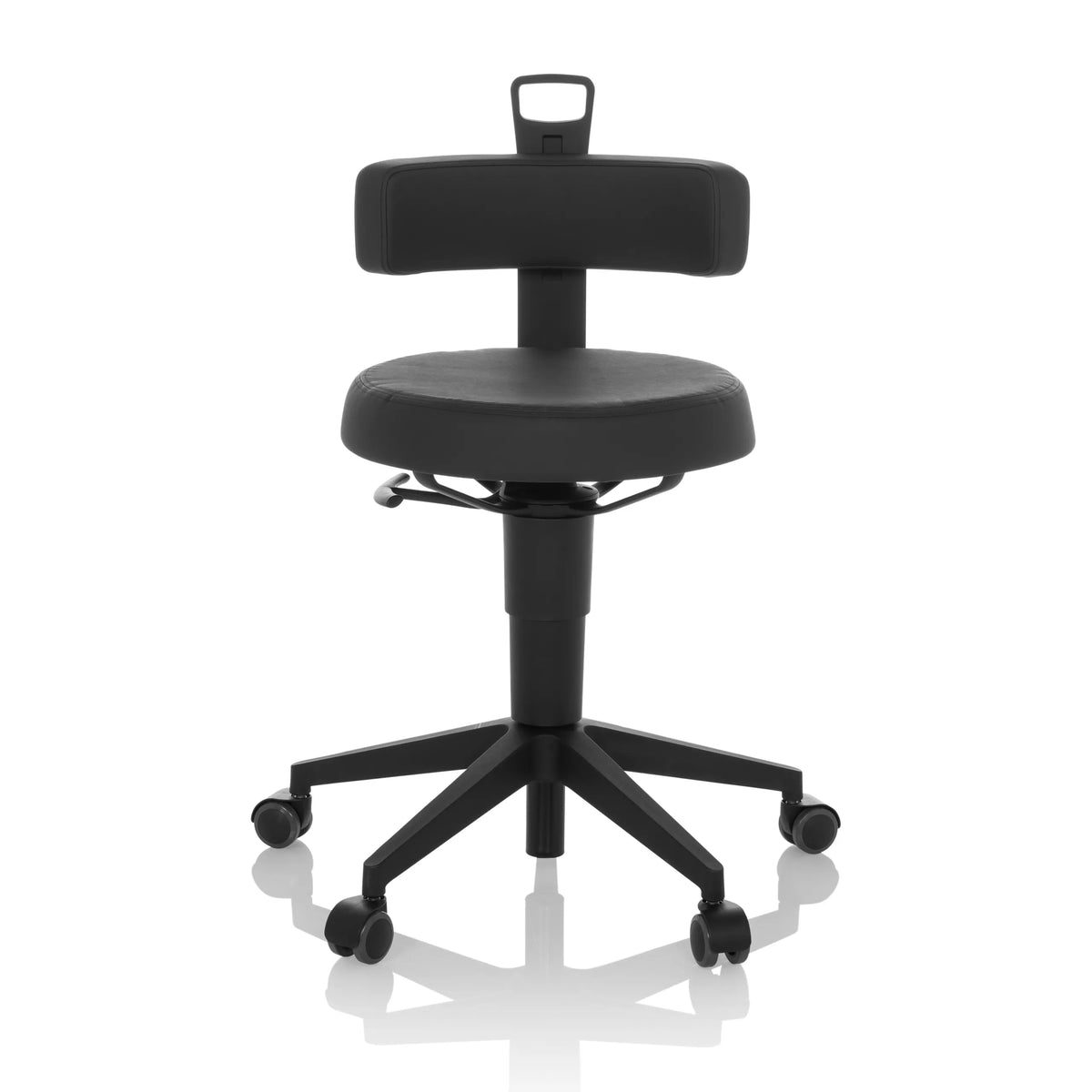 Taburete giratorio TOP WORK FLEX PU negro de cuero sintético con respaldo y base de cinco ruedas de hjh OFFICE – vista de 360° (vista frontal 0°)