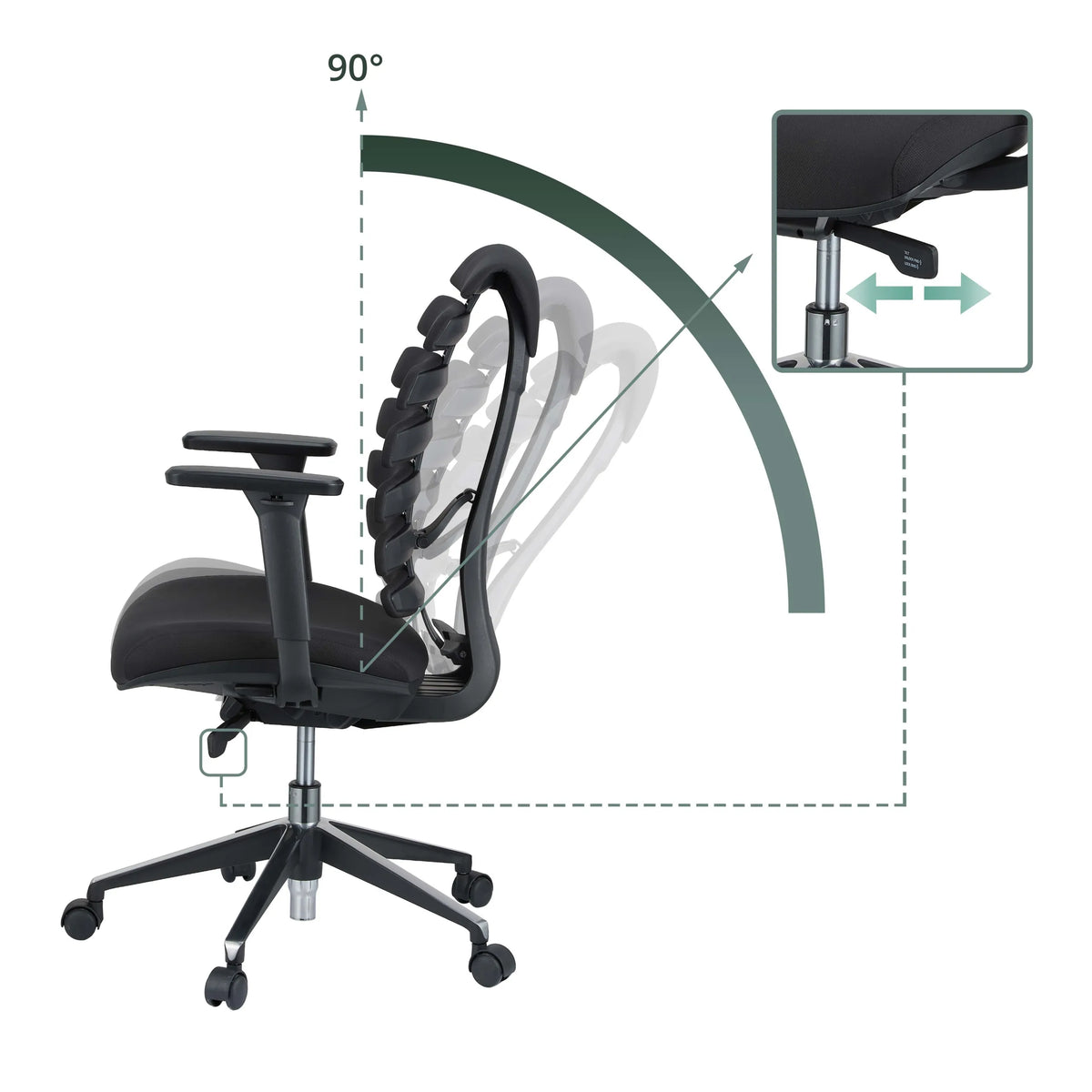 Mecanismo de inclinación con ajuste del respaldo de 90 grados de la silla de oficina profesional ERGO LINE II de hjh OFFICE