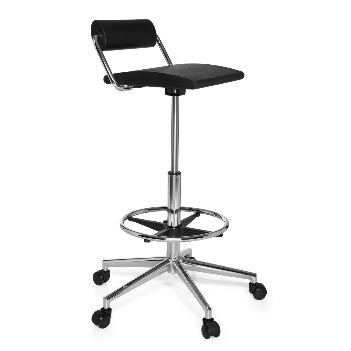 Taburete giratorio negro TOP WORK 28 con anillo reposapiés y base de cinco ruedas de hjh OFFICE – vista de 360° (vista frontal en diagonal 60°)