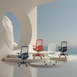 Cuatro sillas de oficina profesional COLORE en diferentes colores con respaldos de malla de hjh OFFICE