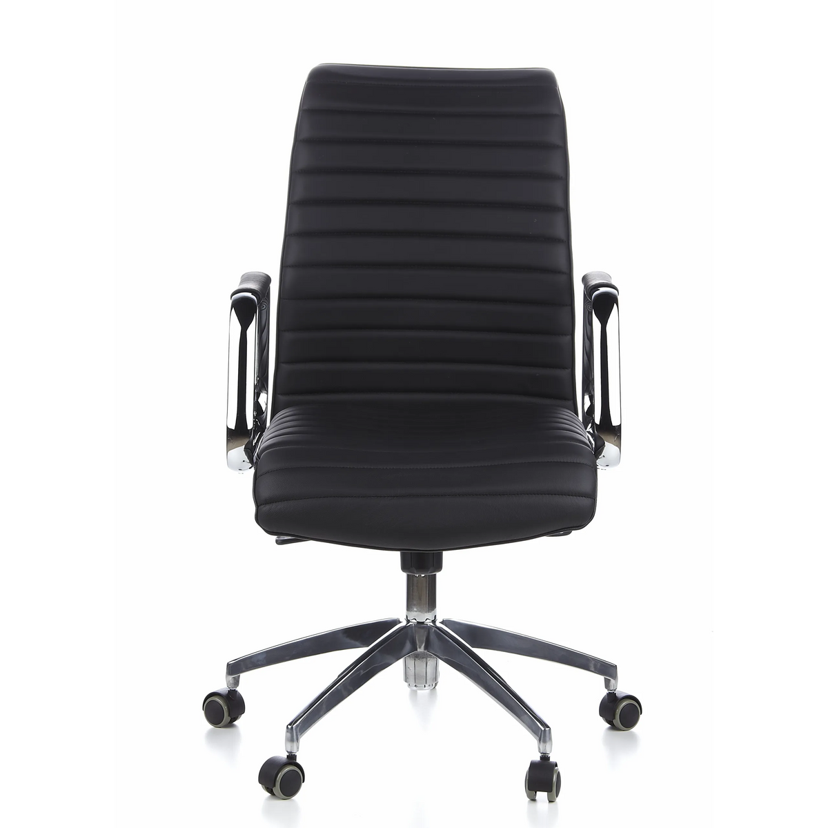 Sillón de oficina profesional ASPERA 10 negro con costuras, reposabrazos y base de cinco ruedas de hjh OFFICE – vista de 360° (vista frontal 0°)