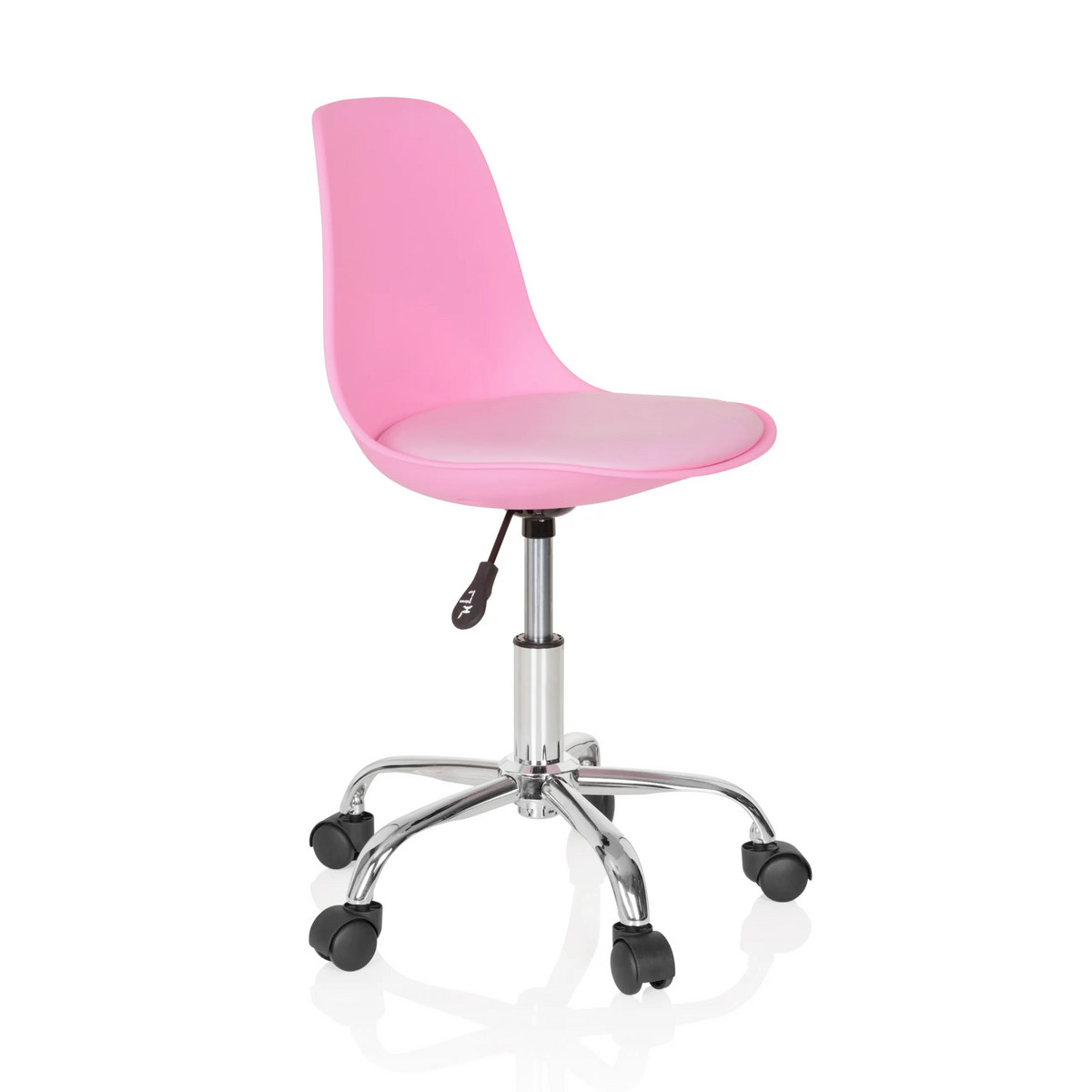 Silla giratoria para niños FANCY II rosa con carcasa curva y base de cinco ruedas de hjh OFFICE – vista de 360° (vista frontal en diagonal 60°)