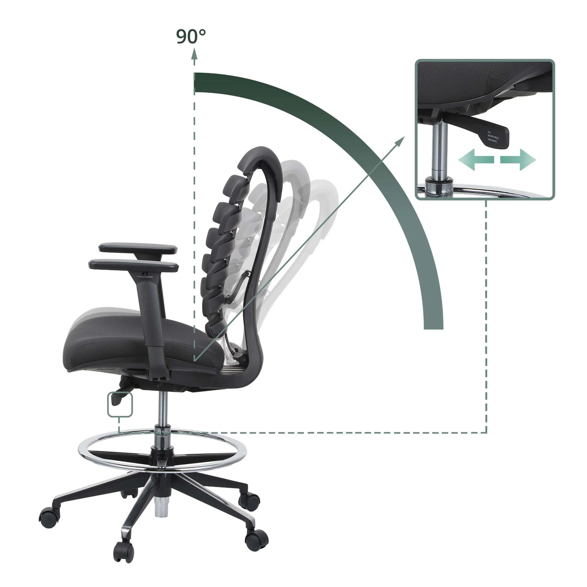 Mecanismo de inclinación con ajuste de 90° y palanca de mando de la silla de mostrador ERGO LINE II WORK de hjh OFFICE