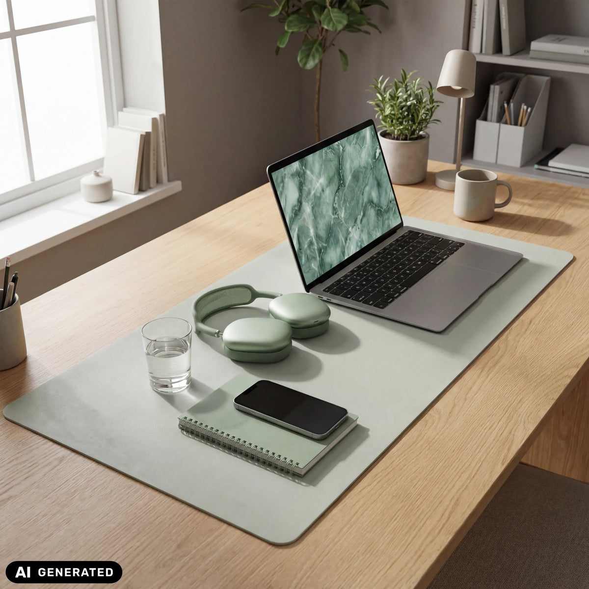 Alfombrilla de escritorio Padflux Clean verde claro sobre una mesa de madera con portátil y accesorios de hjh OFFICE (imagen generada por IA)