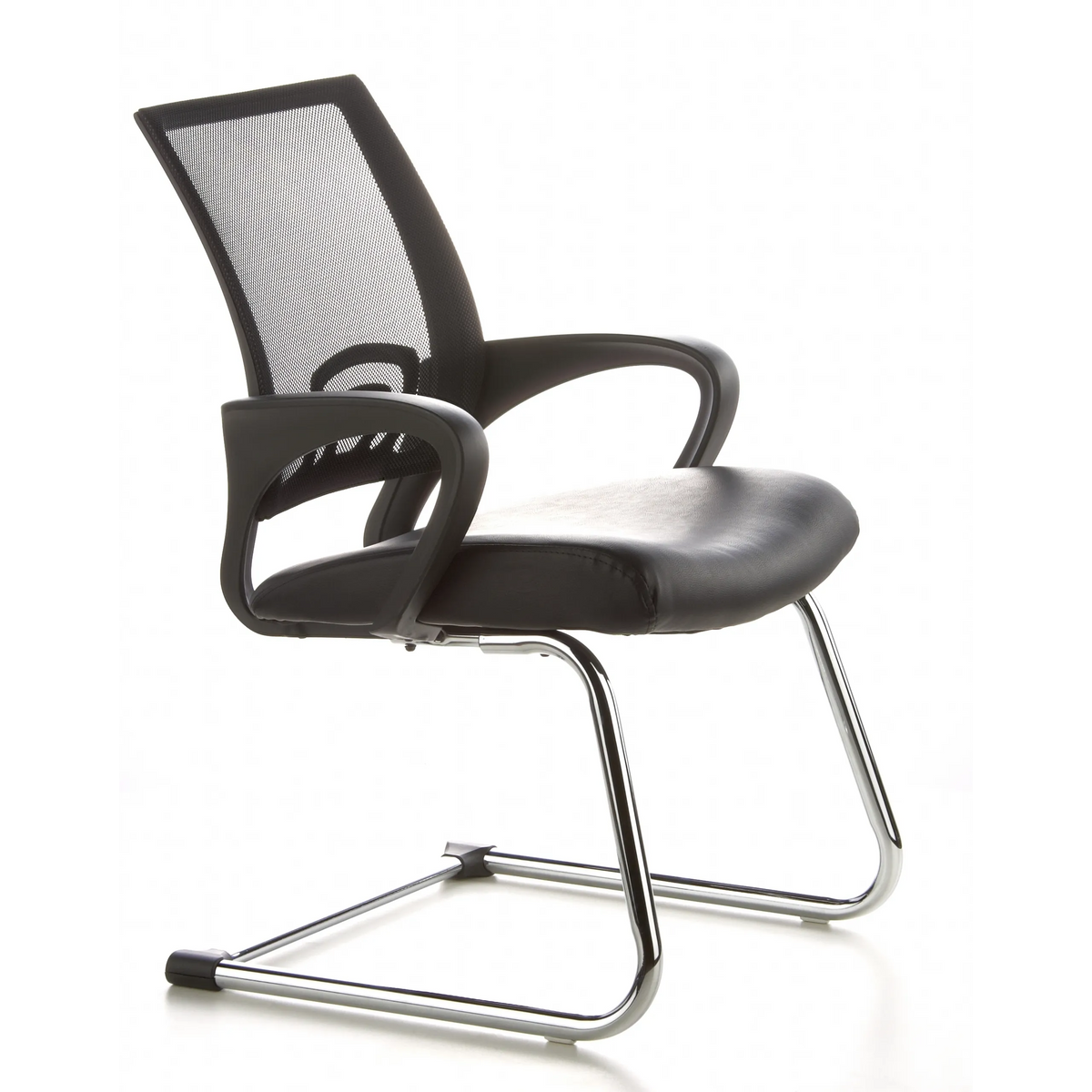 Silla de viga voladiza VISTO NET V negra con respaldo de malla, asiento acolchado y reposabrazos de hjh OFFICE – vista de 360° (vista frontal en diagonal 60°)