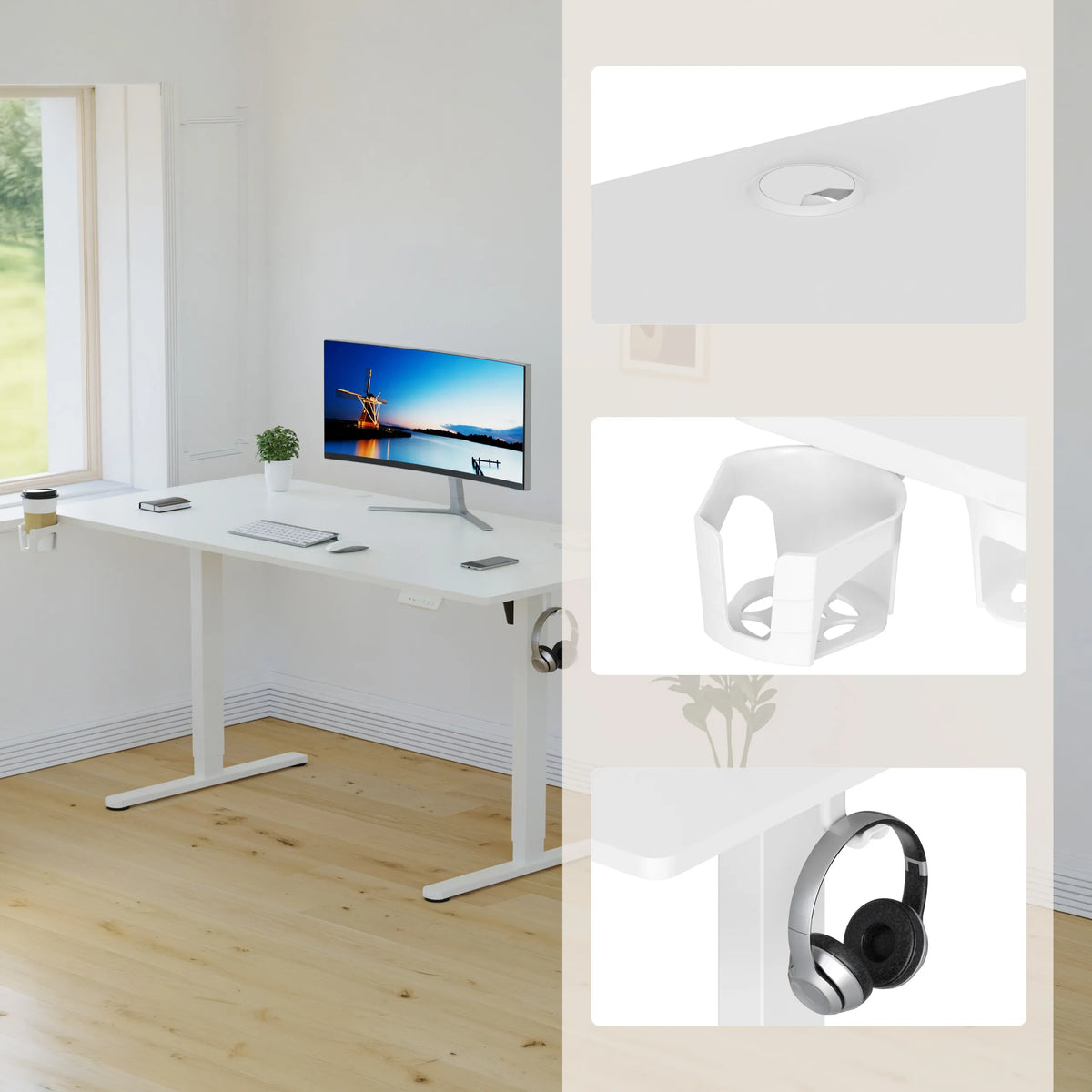 Pasacables, portavasos y soporte para auriculares en el escritorio Worktime en blanco de hjh OFFICE