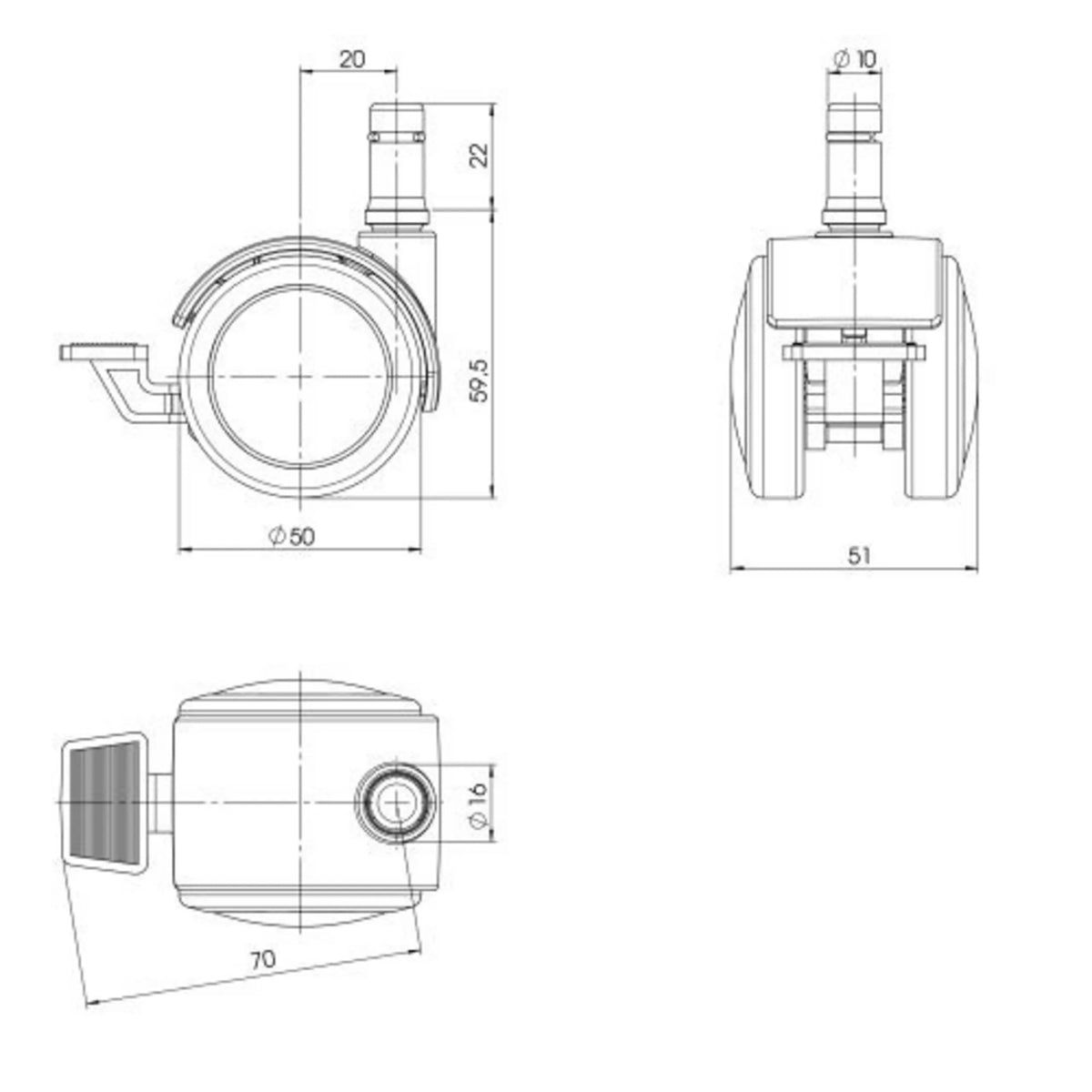 Dibujo técnico de las Ruedas para sillas 5x ROLO STOP 10mm/50mm con un diámetro de 50 mm de hjh OFFICE